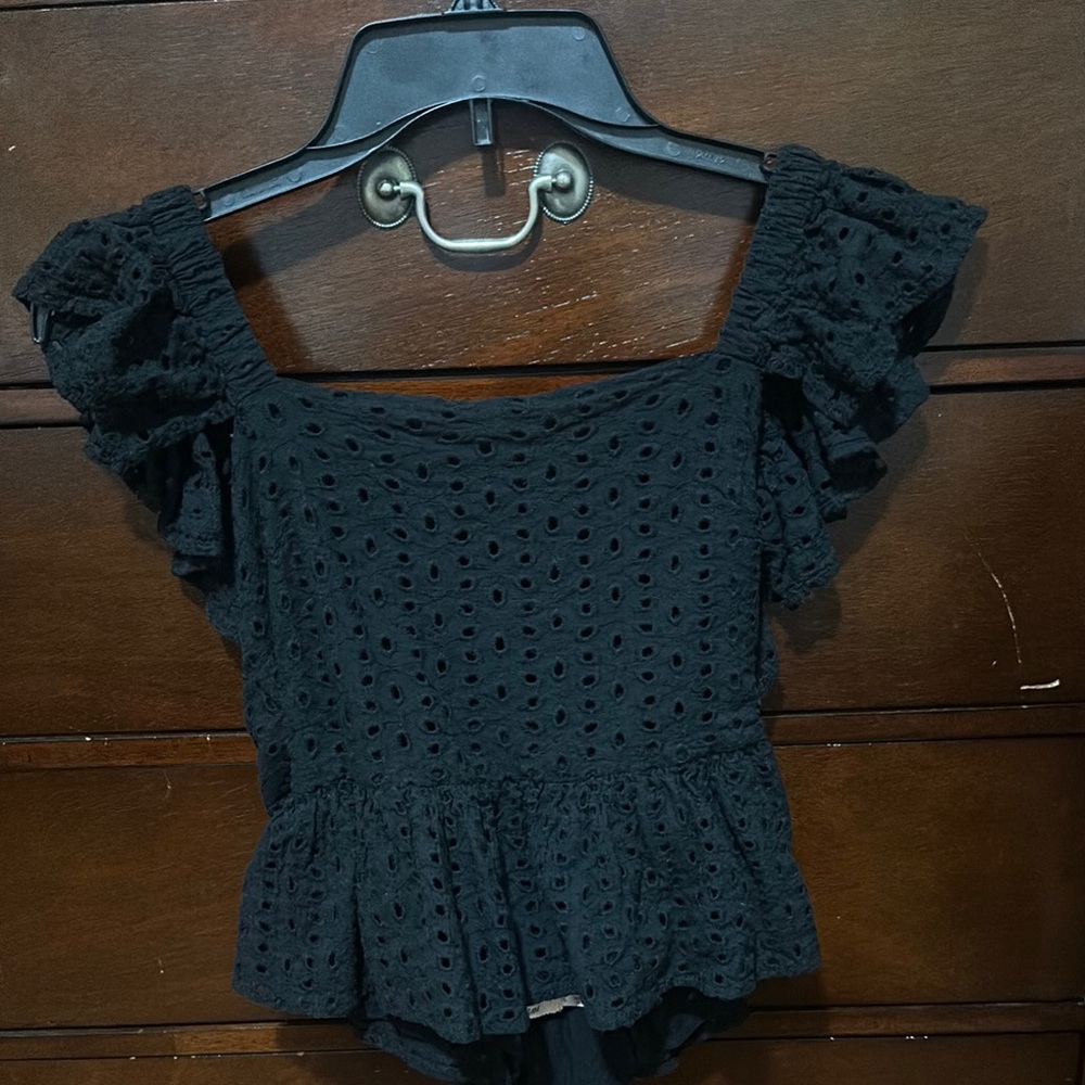 Black Eyelet Ruffle Top